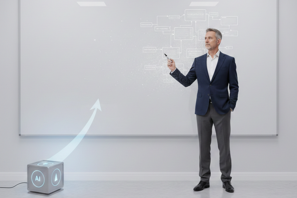 senior software architect in a suit stands bewildered before a blank whiteboard.