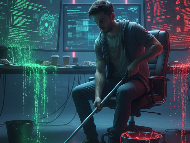 A cyberpunk-style image of a tired software engineer in a dark office using a mop and bucket to clean up glowing green and red liquid code that has spilled from his dual monitors onto the floor