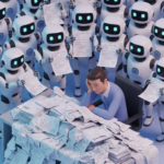 an exhausted human developer at a desk buried in papers. A crowd of identical, smiling robot interns stands behind him, shoving papers with messy code toward his face