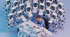 an exhausted human developer at a desk buried in papers. A crowd of identical, smiling robot interns stands behind him, shoving papers with messy code toward his face